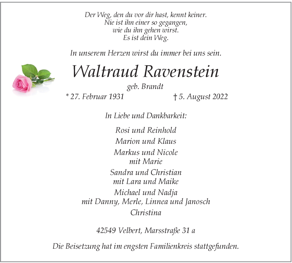  Traueranzeige für Waltraud Ravenstein vom 13.08.2022 aus WVW Anzeigenblätter