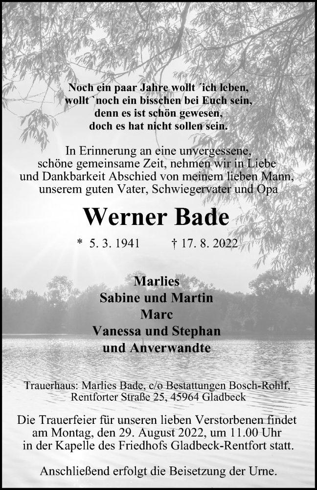  Traueranzeige für Werner Bade vom 27.08.2022 aus WVW Anzeigenblätter