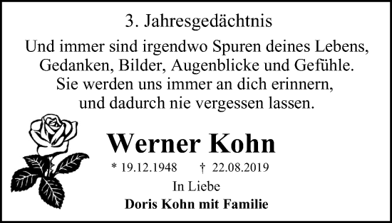 Traueranzeige von Werner Kohn von WVW Anzeigenblätter