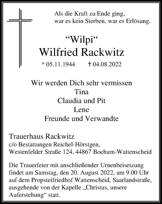 Traueranzeige von Wilfried Rackwitz von WVW Anzeigenblätter