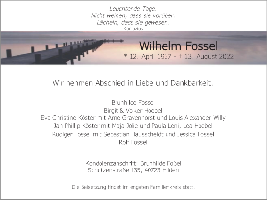 Traueranzeige von Wilhelm Fossel von WVW Anzeigenblätter