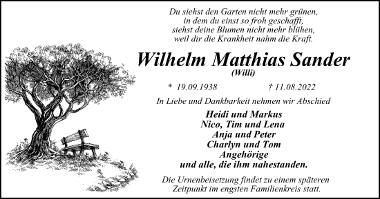 Traueranzeige von Wilhelm Matthias Sander von WVW Anzeigenblätter