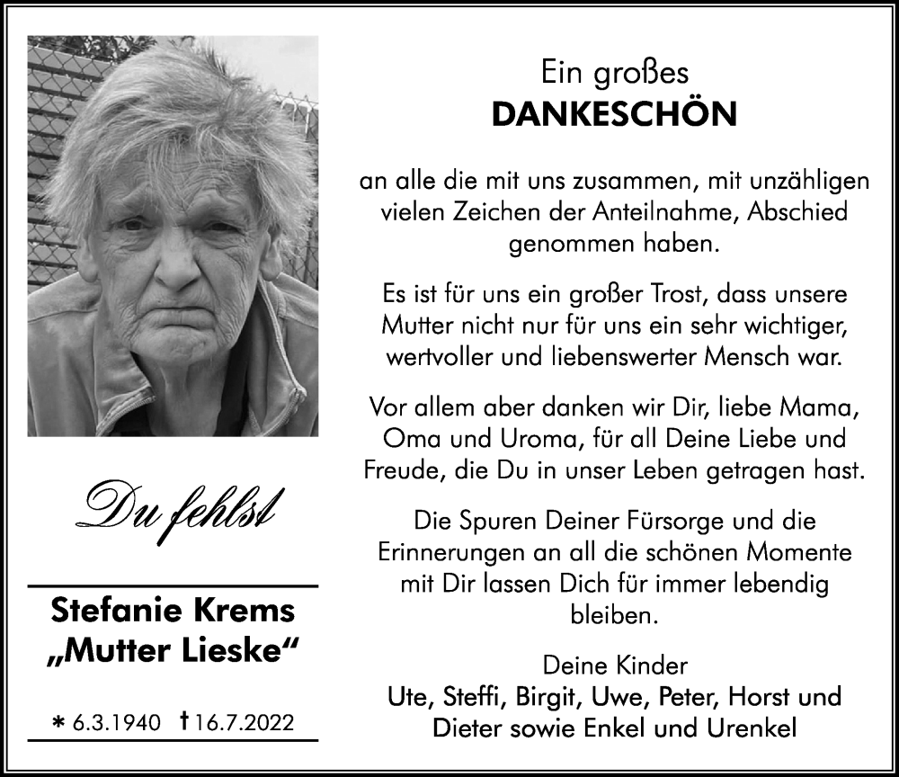  Traueranzeige für Stefanie Krems vom 03.07.2022 aus WVW Anzeigenblätter