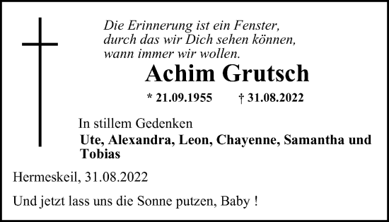 Traueranzeige von Achim Grutsch von WVW Anzeigenblätter