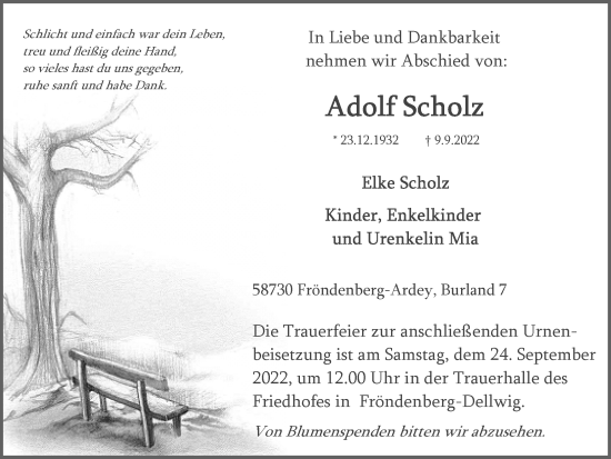 Traueranzeige von Adolf Scholz von WVW Anzeigenblätter
