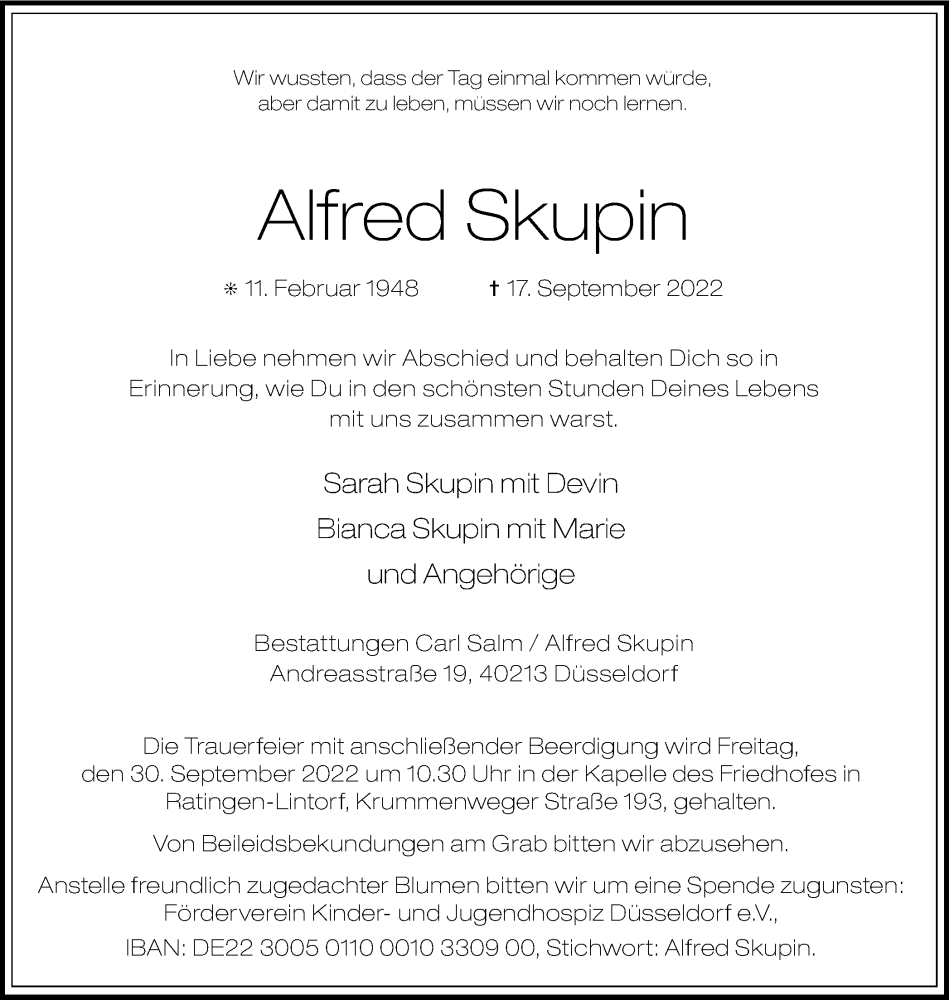  Traueranzeige für Alfred Skupin vom 24.09.2022 aus WVW Anzeigenblätter
