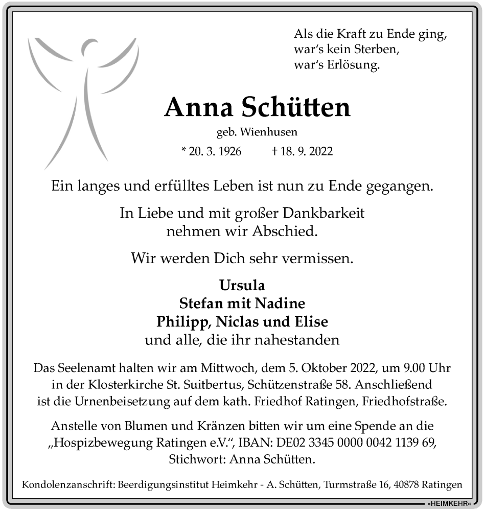  Traueranzeige für Anna Schütten vom 24.09.2022 aus WVW Anzeigenblätter