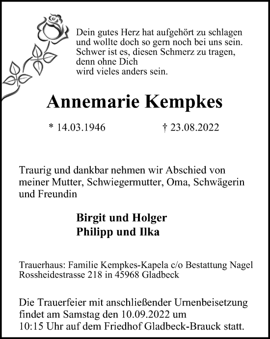 Traueranzeige von Annemarie Kempkes von WVW Anzeigenblätter