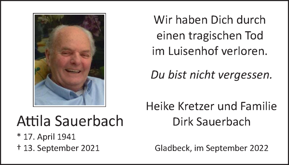  Traueranzeige für Attila Sauerbach vom 17.09.2022 aus WVW Anzeigenblätter