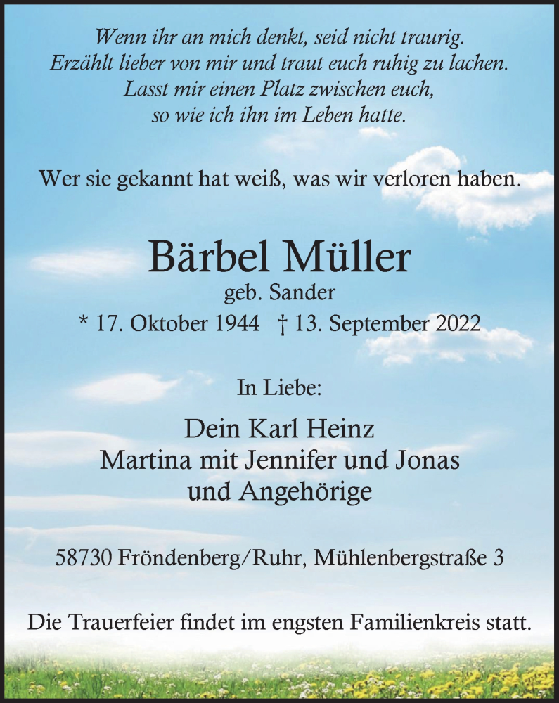  Traueranzeige für Bärbel Müller vom 24.09.2022 aus WVW Anzeigenblätter