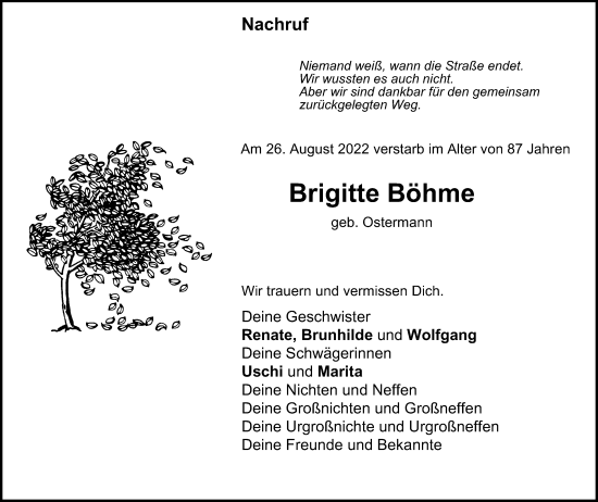 Traueranzeige von Brigitte Böhme von WVW Anzeigenblätter