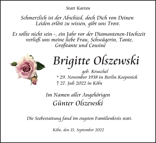 Traueranzeige von Brigitte Olszewski von WVW Anzeigenblätter