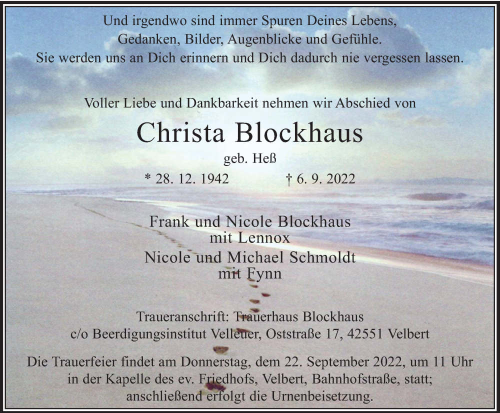  Traueranzeige für Christa Blockhaus vom 17.09.2022 aus WVW Anzeigenblätter