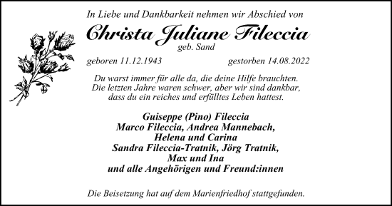 Traueranzeige von Christa Juliane Fileccia von WVW Anzeigenblätter