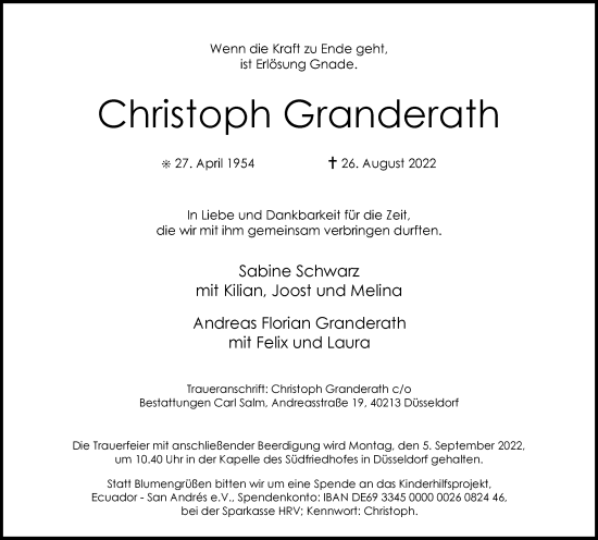 Traueranzeige von Christoph Granderath von WVW Anzeigenblätter