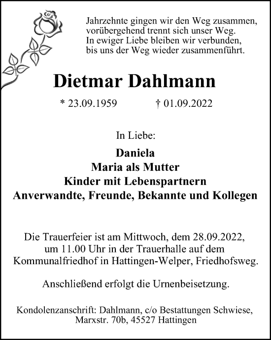 Traueranzeige von Dietmar Dahlmann von WVW Anzeigenblätter