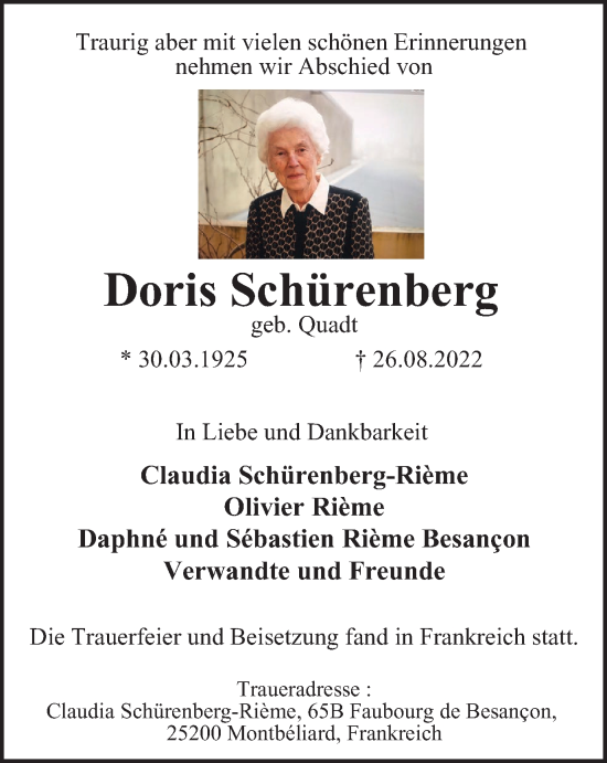 Traueranzeige von Doris Schürenberg von WVW Anzeigenblätter