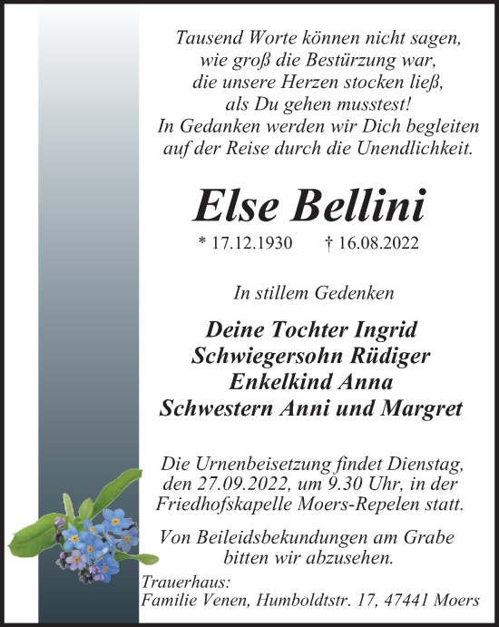 Traueranzeige von Else Bellini von WVW Anzeigenblätter