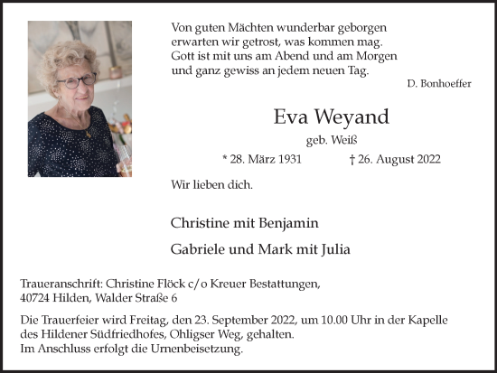 Traueranzeige von Eva Weyand von WVW Anzeigenblätter