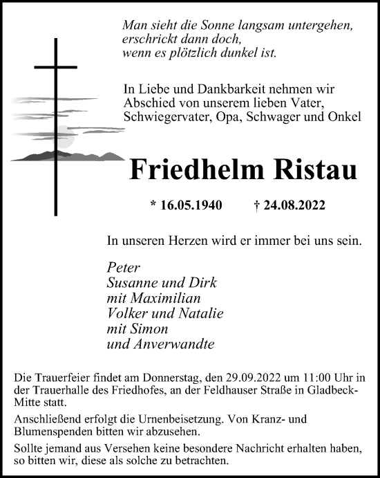 Traueranzeige von Friedhelm Ristau von WVW Anzeigenblätter