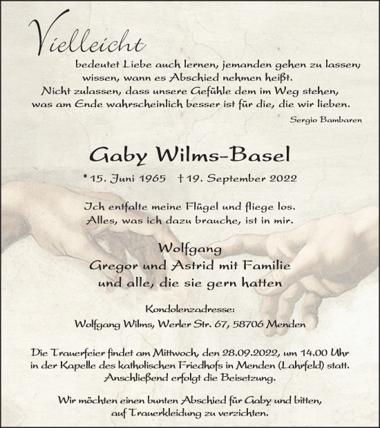 Traueranzeige von Gaby Wilms-Basel von WVW Anzeigenblätter