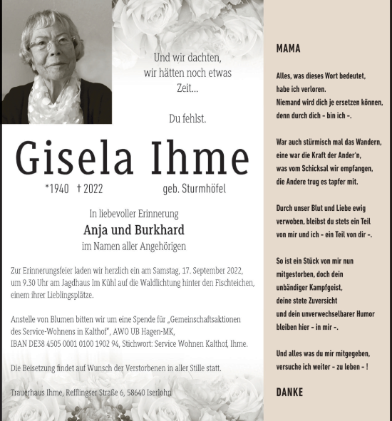 Traueranzeige von Gisela Ihme von WVW Anzeigenblätter