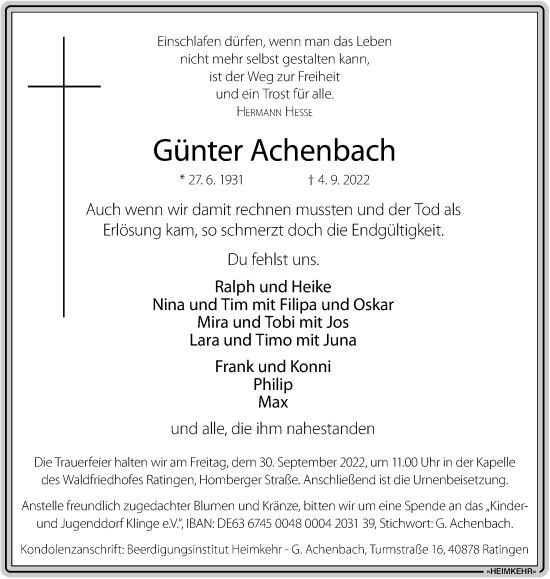 Traueranzeige von Günter Achenbach von WVW Anzeigenblätter