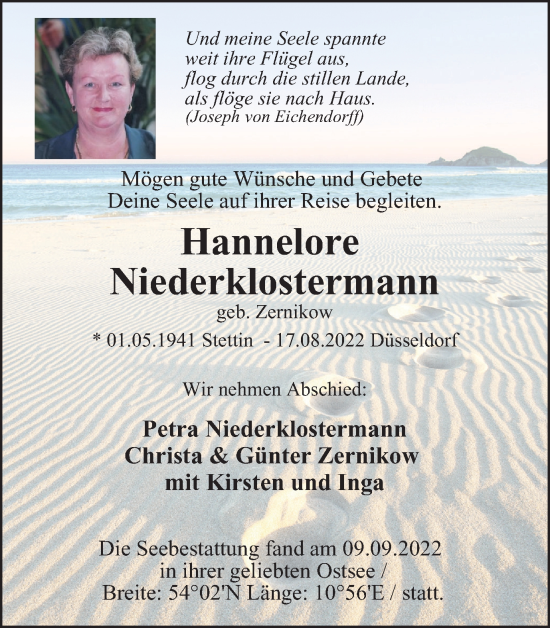 Traueranzeige von Hannelore Niederklostermann von WVW Anzeigenblätter