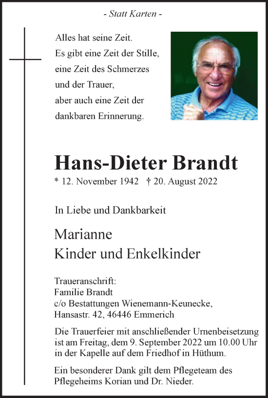 Traueranzeige von Hans-Dieter Brandt von WVW Anzeigenblätter