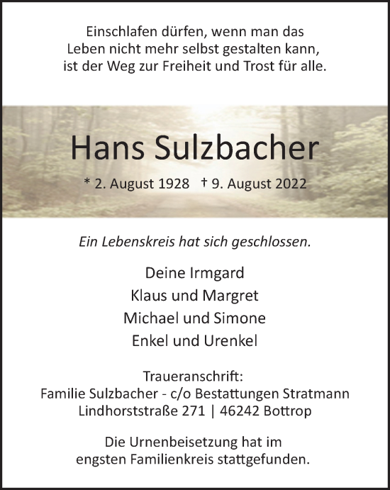 Traueranzeige von Hans Sulzbacher von WVW Anzeigenblätter