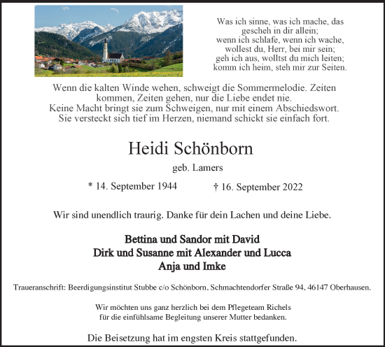 Traueranzeige von Heidi Schönborn von WVW Anzeigenblätter