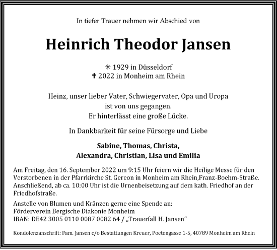 Traueranzeige von Heinrich Theodor Jansen von WVW Anzeigenblätter