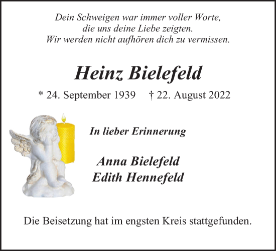 Traueranzeige von Heinz Bielefeld von WVW Anzeigenblätter