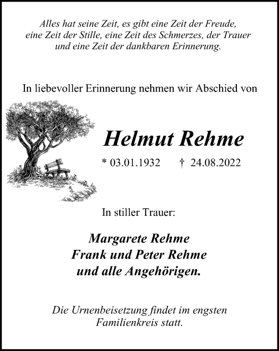 Traueranzeige von Helmut Rehme von WVW Anzeigenblätter