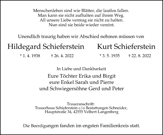 Traueranzeige von Hildegard und Kurt Schieferstein von WVW Anzeigenblätter
