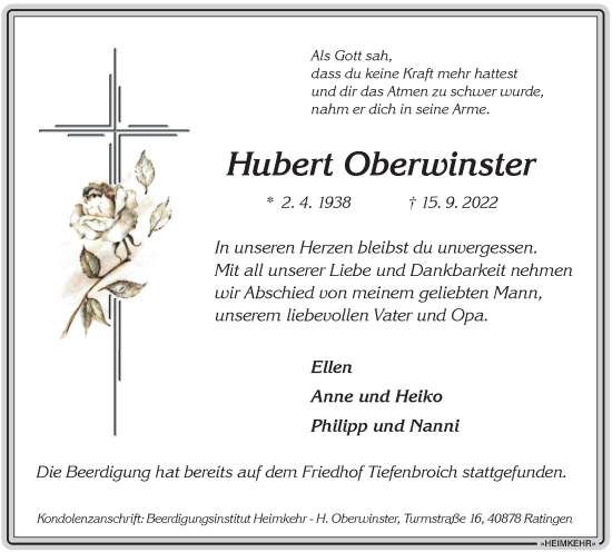Traueranzeige von Hubert Oberwinster von WVW Anzeigenblätter