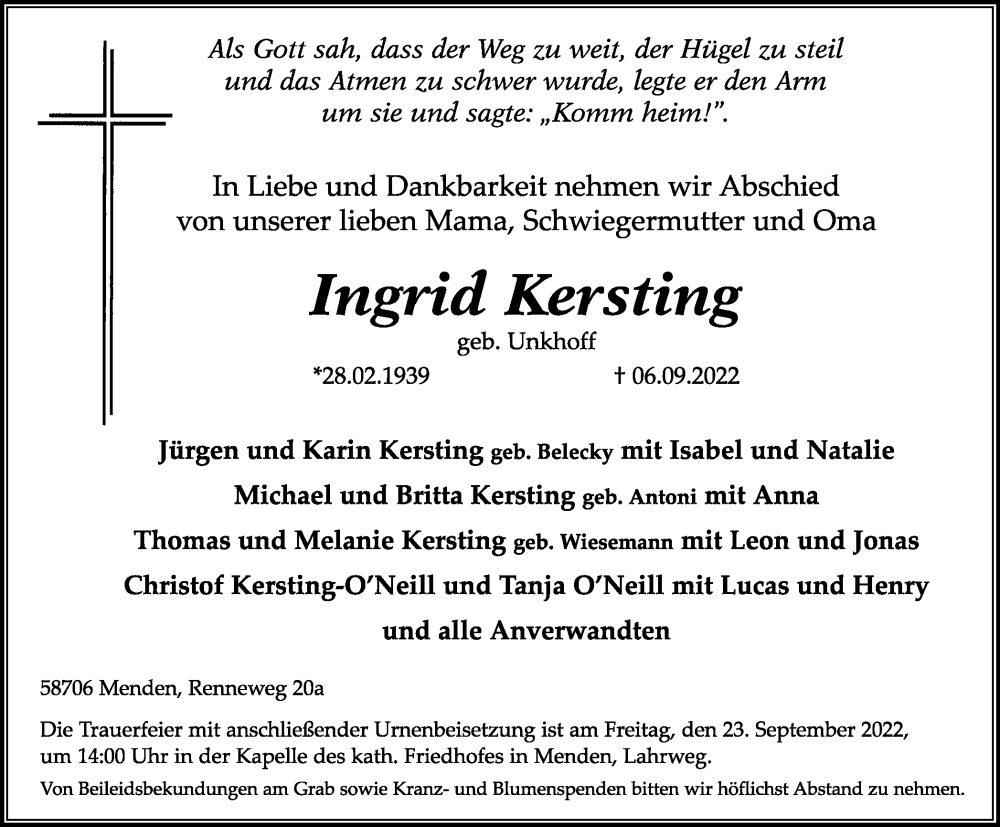  Traueranzeige für Ingrid Kersting vom 17.09.2022 aus WVW Anzeigenblätter
