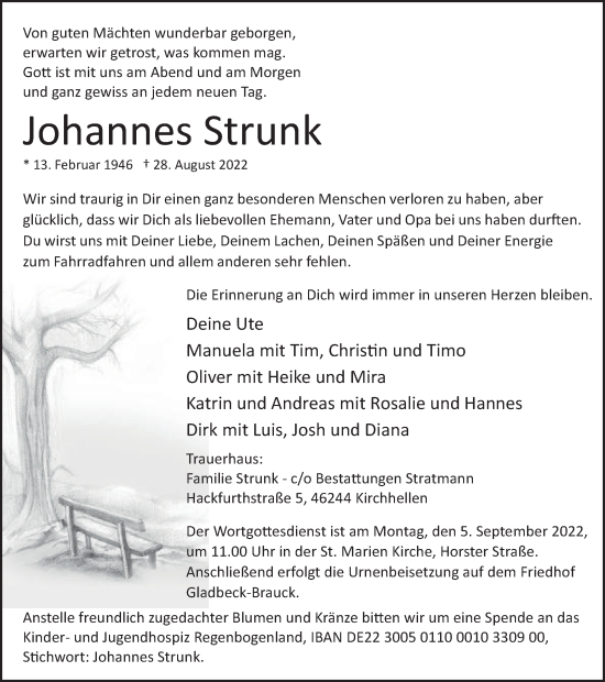 Traueranzeige von Johannes Strunk von WVW Anzeigenblätter