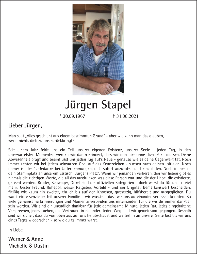  Traueranzeige für Jürgen Stapel vom 03.09.2022 aus WVW Anzeigenblätter