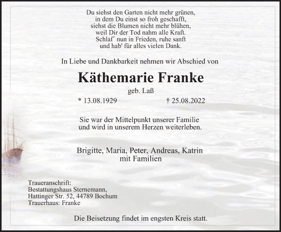 Traueranzeige von Käthemarie Franke von WVW Anzeigenblätter
