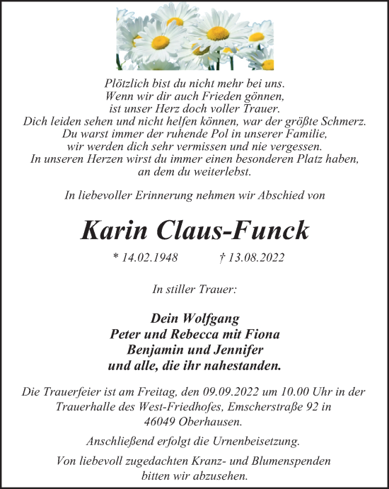 Traueranzeige von Karin Claus-Funck von WVW Anzeigenblätter