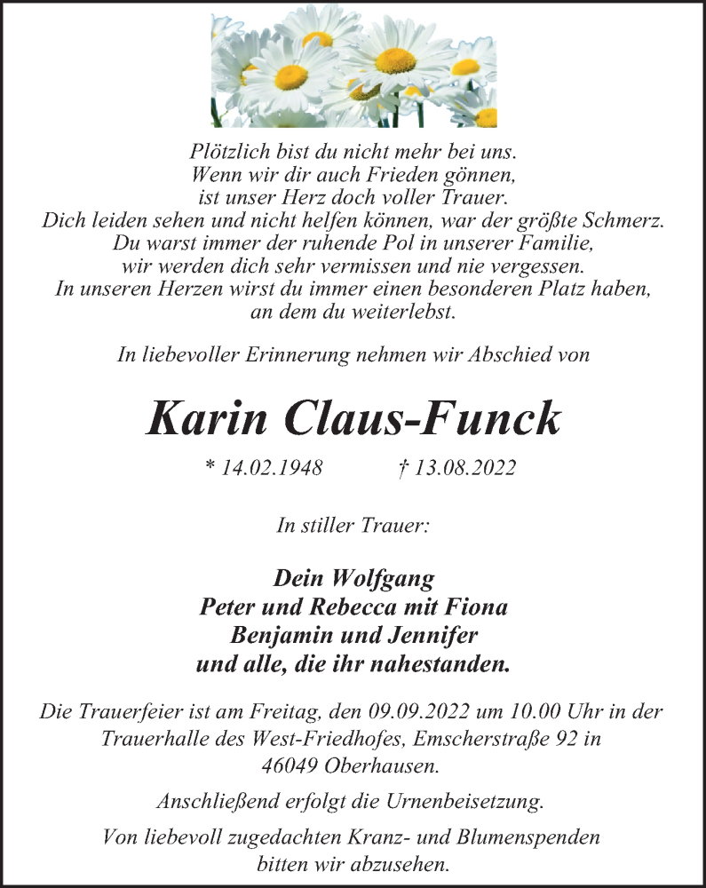  Traueranzeige für Karin Claus-Funck vom 03.09.2022 aus WVW Anzeigenblätter