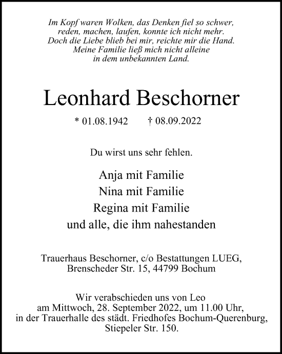 Traueranzeige von Leonhard Beschorner von WVW Anzeigenblätter
