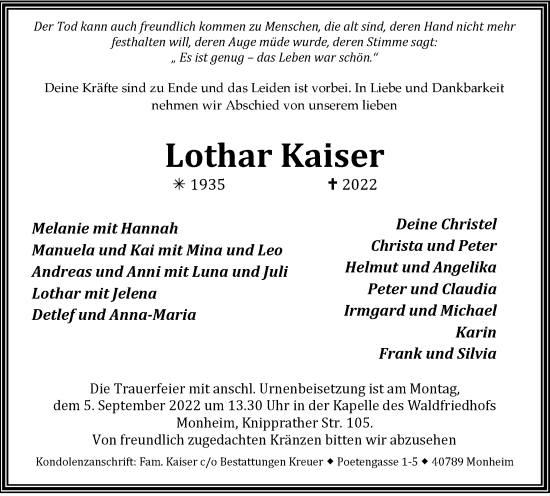 Traueranzeige von Lothar Kaiser von WVW Anzeigenblätter