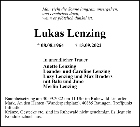 Traueranzeige von Lukas Lenzing von WVW Anzeigenblätter