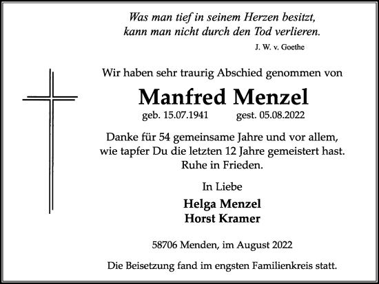 Traueranzeige von Manfred Menzel von WVW Anzeigenblätter