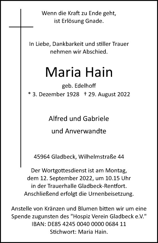 Traueranzeige von Maria Hain von WVW Anzeigenblätter