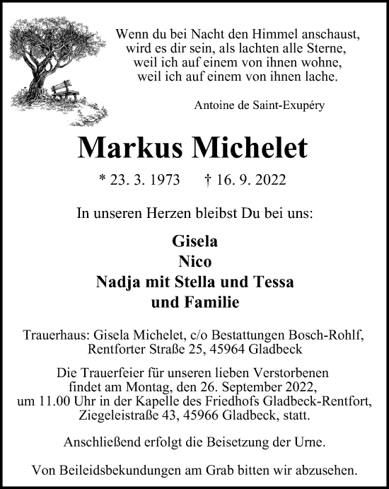 Traueranzeige von Markus Michelet von WVW Anzeigenblätter