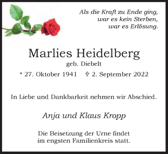 Traueranzeige von Marlies Heidelberg von WVW Anzeigenblätter