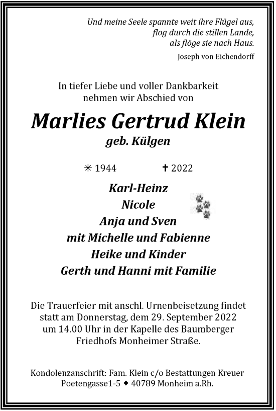 Traueranzeige von Marlies Gertrud Klein von WVW Anzeigenblätter